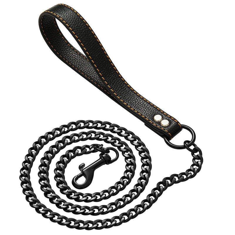 Black Chain Dog Leash - Heavy Duty Metal Chew Proof Leash with Leather Padded Handle for Large Medium Dogs (11MM, 4.5ft) Black - PawsPlanet Australia