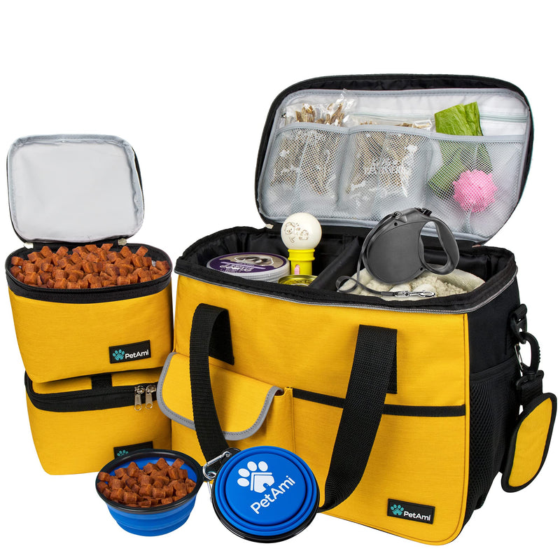 PetAmi Dog Travel Bag, Travel Pet Bag Organizer, Dog Food Travel Bag with Food Container and Bowls, Dog Travel Supplies Gift Accessories for Weekend Camping, Dog Cat Diaper Bag (Yellow, Medium) Medium - 14.5"L x 8"W x 12.0"H Yellow