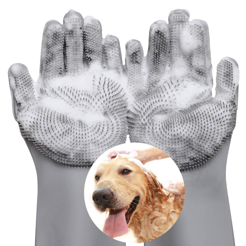 Pet Grooming Gloves - Dog Bathing Shampoo Brush with High Density Teeth, Heat Resistant Silicone Five Finger Design for Bathing and Massaging Dogs and Cats, Gray Normal - PawsPlanet Australia
