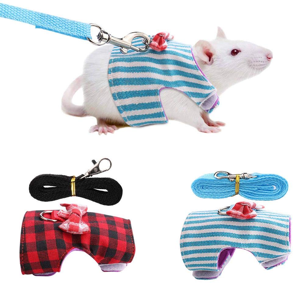 Pet Rabbit Traction Rope, Pet Small Animal Bunny Hamsters Harness Chest Strap Red Grid Blue Stripes 2 Pieces S