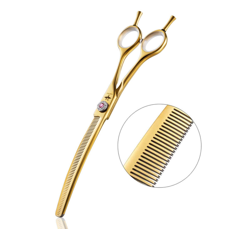 PURPLEBIRD 7 Inch Downward Curved Dog Grooming Scissors Thinning Texturizing Shears Professional Safety Blunt Tip Trimming Shearing for Dogs Cats Face Paws Limbs Japanese Stainless Steel Yellow Yellow Thinning - PawsPlanet Australia