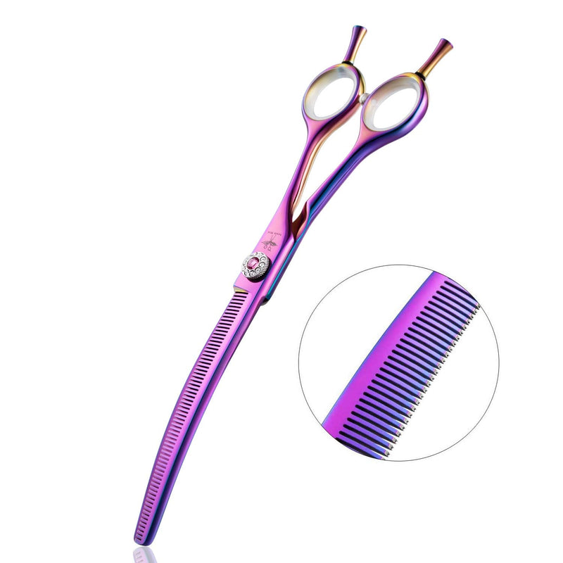 PURPLEBIRD 7 Inch Downward Curved Dog Grooming Scissors Thinning Texturizing Shears Professional Safety Blunt Tip Trimming Shearing for Dogs Cats Face Paws Limbs Japanese Stainless Steel Purple Purple Thinning - PawsPlanet Australia