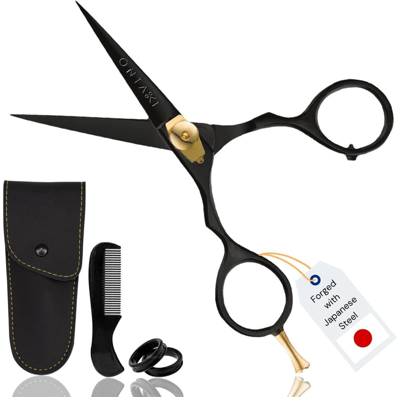 Ontaki Beard & Moustache Scissors for Men - 5.5" Japanese Steel, Black - Precision Sharp Blades, Ergonomic Finger Rest & Adjustable Tension Screw for Perfect Trimming - Beard Grooming Scissors Black - 5.5"
