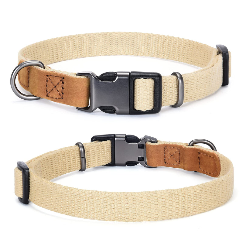 Mile High Life | Genuine Leather Dog Collar | Stainless Steel Pin Buckle Ring Dog Collar | Soft and Strong Poly Cotton Fabric | Variety Colors Small (Pack of 1) Cotton Fabric-Khaki - PawsPlanet Australia