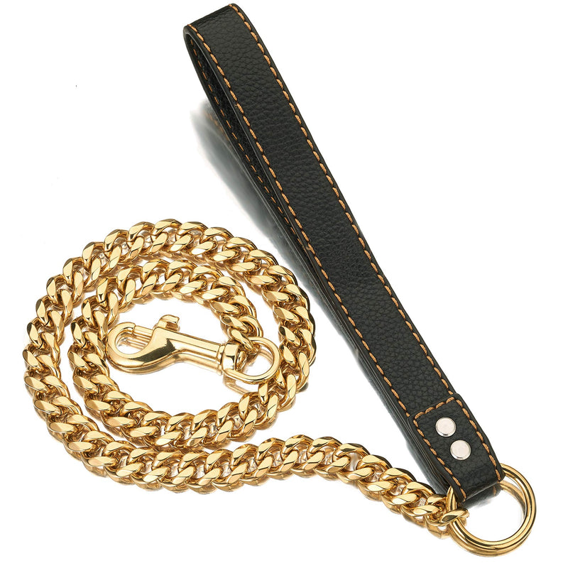 PRADOG Chain Dog Leash Metal Chew Proof 15MM Heavy Duty Pet Leash Chain with Leather Padded Handle for Large Medium Small Dogs(Totally Length of 3ft) Gold 3.0 FT ( For Larger Dog) - PawsPlanet Australia