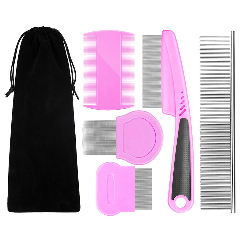 Flea Comb For Dogs & Cats Pet Comb Grooming Set 5 Pieces Metal Teeth Durable Remove Tear Stain Float Hair Combing tangled hair Dandruff Add Storage Pouch (pink) Pink - PawsPlanet Australia