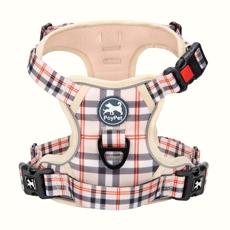 PoyPet Plaid Dog Harness, No Pull Front Clip Pet Vest Harness, Soft Padded Reflective Adjustable Walking Harness with Handle for Medium Dogs(Checkered Beige,M) Checkered Beige