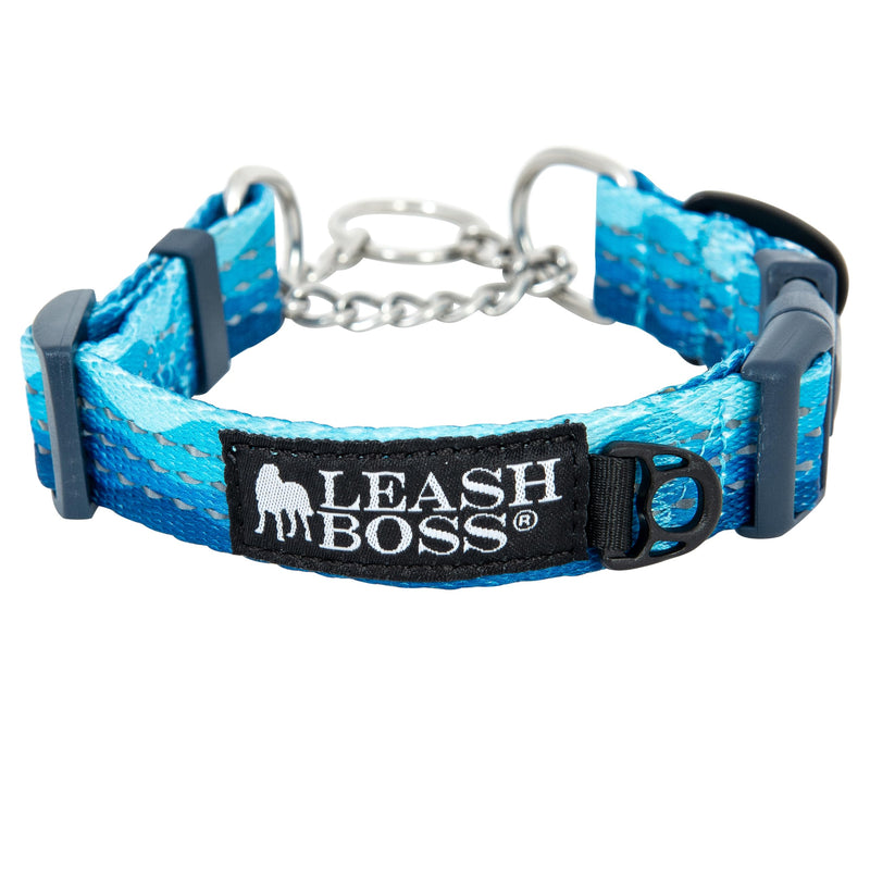 Leash Boss Martingale Collar for Dogs - Steel Chain | Reflective Nylon Dog Collar for Large Dogs, Medium and Small Dogs | No Pull Pet Training Collar Small Small (12-14.5" Neck x 3/4" Wide) Blue - Wave - PawsPlanet Australia