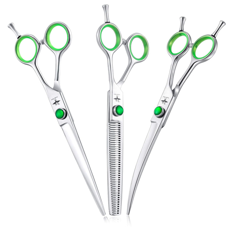 PURPLEBIRD 7 Inch Straight, Downward Curved Dog Grooming Scissors Set Professional Pet Cutting, Thinning Texturizing Shears Safety Blunt Tip Trimming Shearing Dog Cat Japanese Stainless Steel Silver Set-A - PawsPlanet Australia