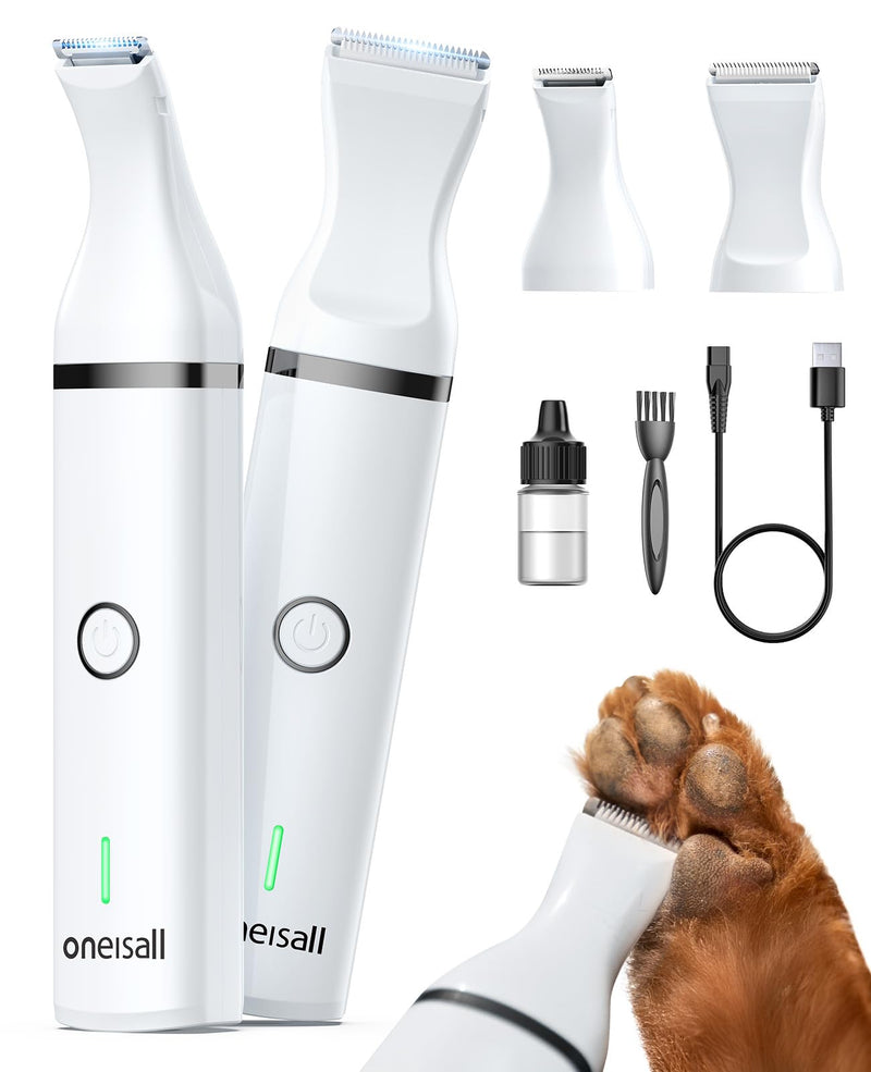 oneisall Dog Clippers with Double Blades,Cordless Small Pet Hair Grooming Trimmer,Low Noise for Trimming Dog's Hair Around Paws, Eyes, Ears, Face, Rump (White) White