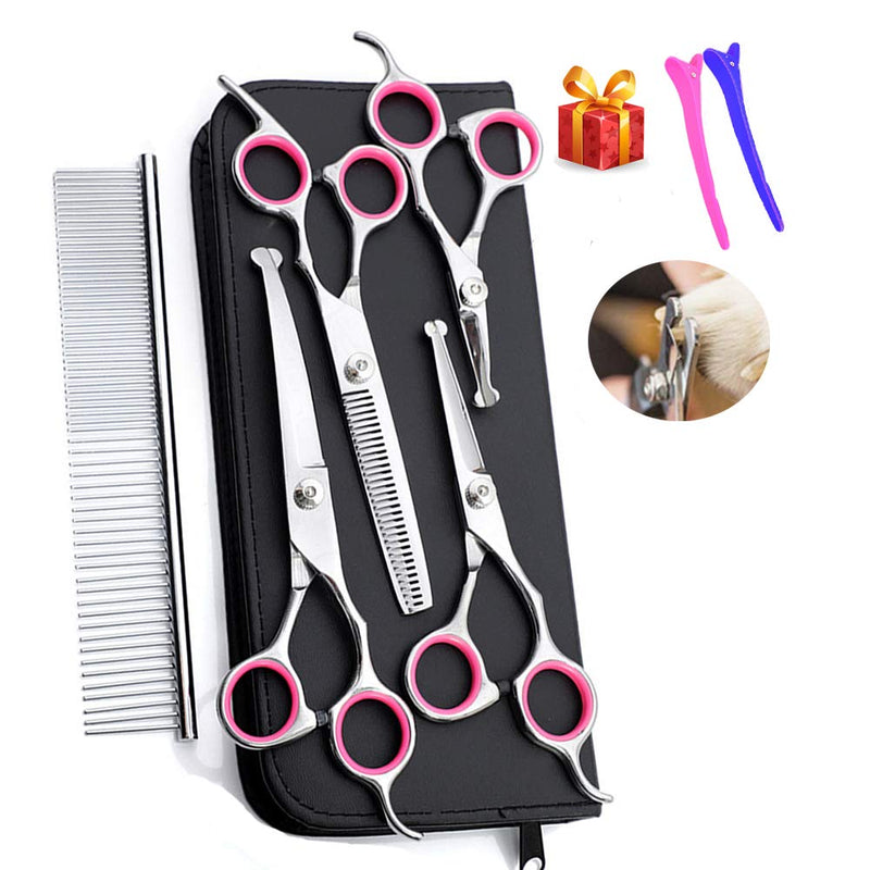 Dog Grooming Scissors kit with Safety Round End, Pet Grooming Trimmer Set with Blunt Tip-Thinning, Straight, Curved Shears tool with Comb, Nail Cliper and Nail File for Long Short Fur of Cat and Puppy - PawsPlanet Australia