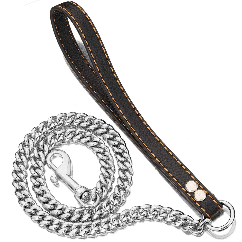 PRADOG Chain Dog Leash Metal Chew Proof 12MM Heavy Duty Pet Leash Chain with Leather Padded Handle for Large Medium Small Dogs(Totally Length of 5ft) 5.0 FT( For S, M Dog) - PawsPlanet Australia