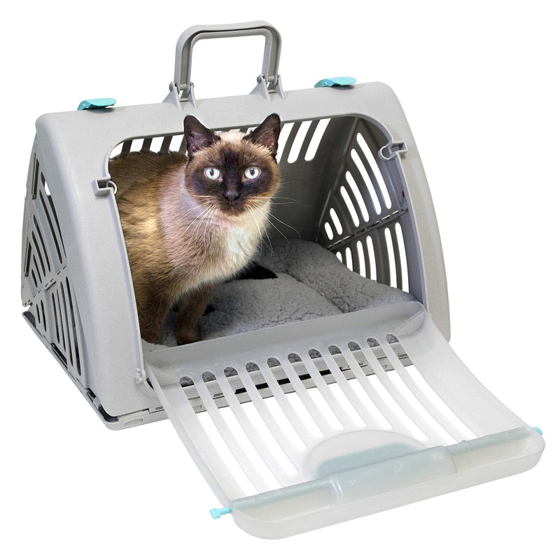 SportPet Large Hard-Sided Travel Cat Carrier - Cat Carrier with Patented Wide Side-Opening Door, Foldable Portable Pet Carrier with Removable Bed for Cats & Small Pets up to 25lbs - Gray Large Carrier w/ Bed (Gray)