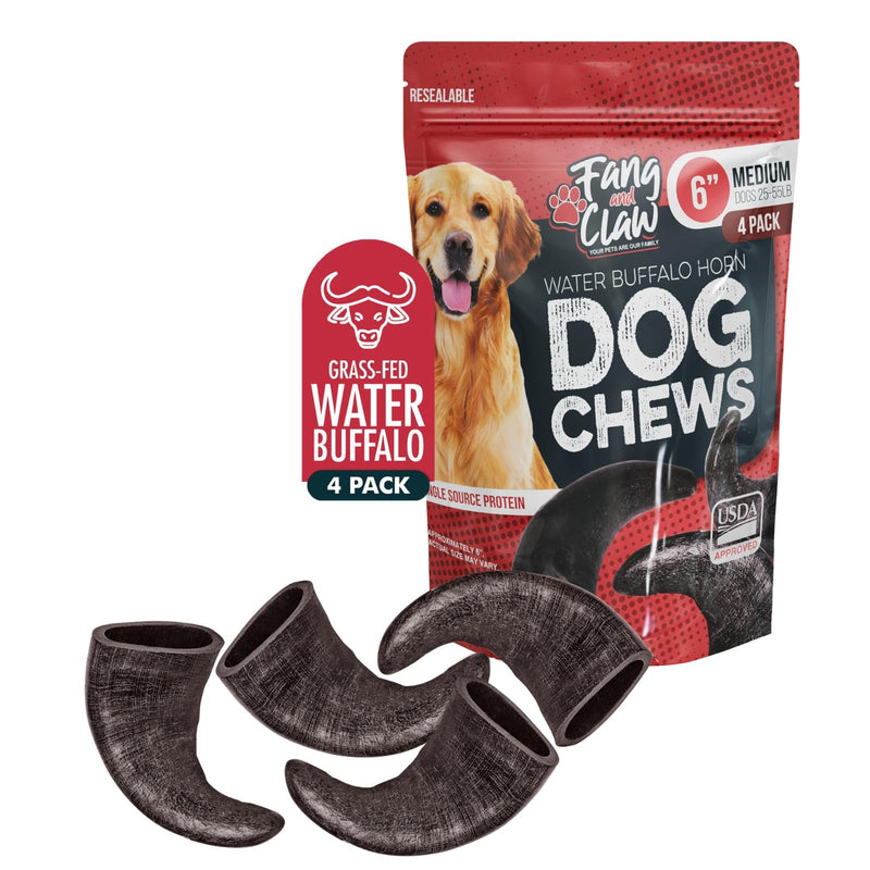 Water Buffalo Horn Dog Chew 4 Pack (Medium 6 Inch), Long-Lasting Natural Chews for Aggressive Chewers, Single-Ingredient, No Rawhide 4 Horns - Medium 6" - PawsPlanet Australia
