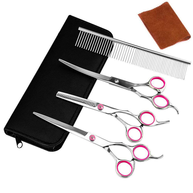 Azddur Pet Dog Grooming Scissors Set 4 Pcs Stainless Steel Professional Pet Trimmer Kit-6 inch Straight Cutting Scissors, Thinning Shears, Curved Scissors, Groom Comb (Pink) Pink - PawsPlanet Australia