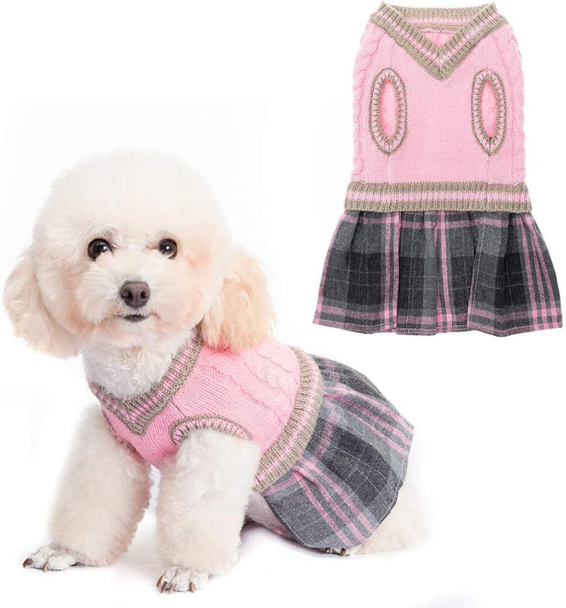 BINGPET Dog Sweater Dress - Plaid Pattern - Warm Pullover with Leash Hole V-Neck Knitwear Pet Sweater Cat Knitted Dress One-Piece Dress for Small to Medium Dog and Cat Pink - PawsPlanet Australia