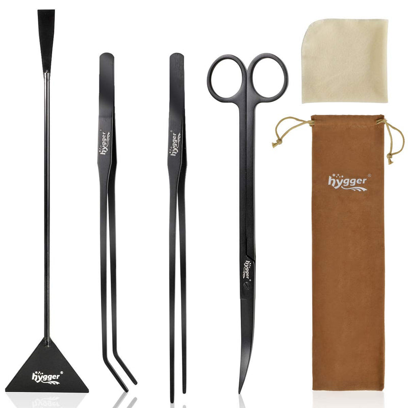 hygger Long Stainless Steel Premium Aquarium Tools, 4 PCS Aquatic Plant Tweezers Scissors Spatula Kits Comes with 1 Cleaning Cloth, for Fish Tank Starters Black - PawsPlanet Australia