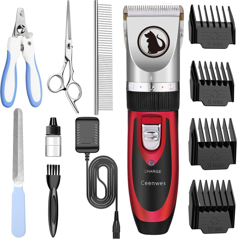 Ceenwes Dog Clippers with Storage Case Low Noise Pet Clippers Rechargeable Trimmer Cordless Grooming Tool Professional Dog Hair Trimmer with Comb Guides Scissors for Dogs Cats & Others（Red） Red - PawsPlanet Australia