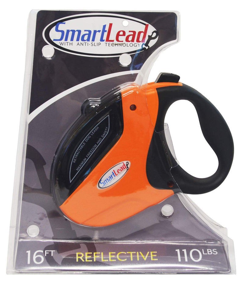 SmartLead Retractable, Reflective, Heavy-Duty 16-Foot Nylon Dog Leash, Tangle Free, Anti-Slip Brake Technology, Easy Grip Handle, Good for Dogs up to 110 Pounds – Orange (RL05OR) - PawsPlanet Australia