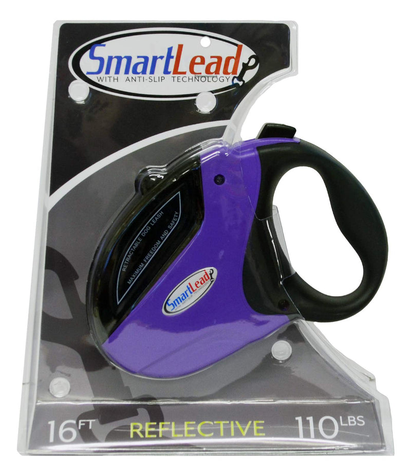 SmartLead Retractable, Reflective, Heavy-Duty 16-Foot Nylon Dog Leash, Tangle Free, Anti-Slip Brake Technology, Easy Grip Handle, Good for Dogs up to 110 Pounds – Purple - PawsPlanet Australia