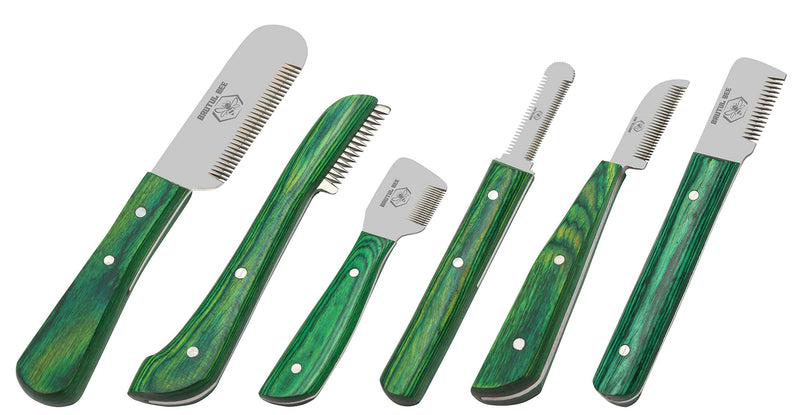 Brutul Bee Dog Grooming Coat Stripping Knife Stripper Trimmer Tool Wooded Handle Stripping Knives Set of 6 in Stainless Steel Non-Slip Tools for Grooming Dogs (Green) Green