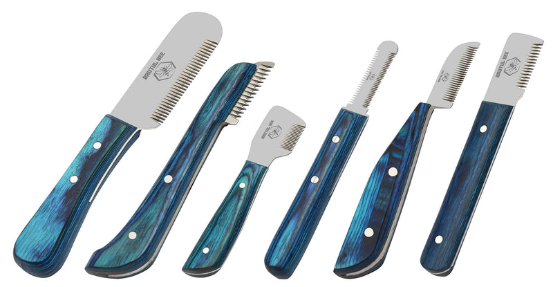 Stripping Knives Set of 6 in Stainless Steel, Wooden Handle, Non-Slip Tools for Grooming Dogs (Blue) Blue - PawsPlanet Australia