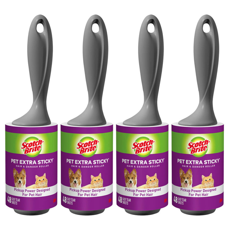 Scotch-Brite Pet Hair Pickup Lint Roller, 4 Lint Rollers, 48 Sheets/Roller, 192 Sheets Total, Lint Roller for Pet Hair Extra Sticky, Lint Remover, Lint Roller for Clothes, Pet Hair Removal 4 Rollers, 192 Sheets - PawsPlanet Australia