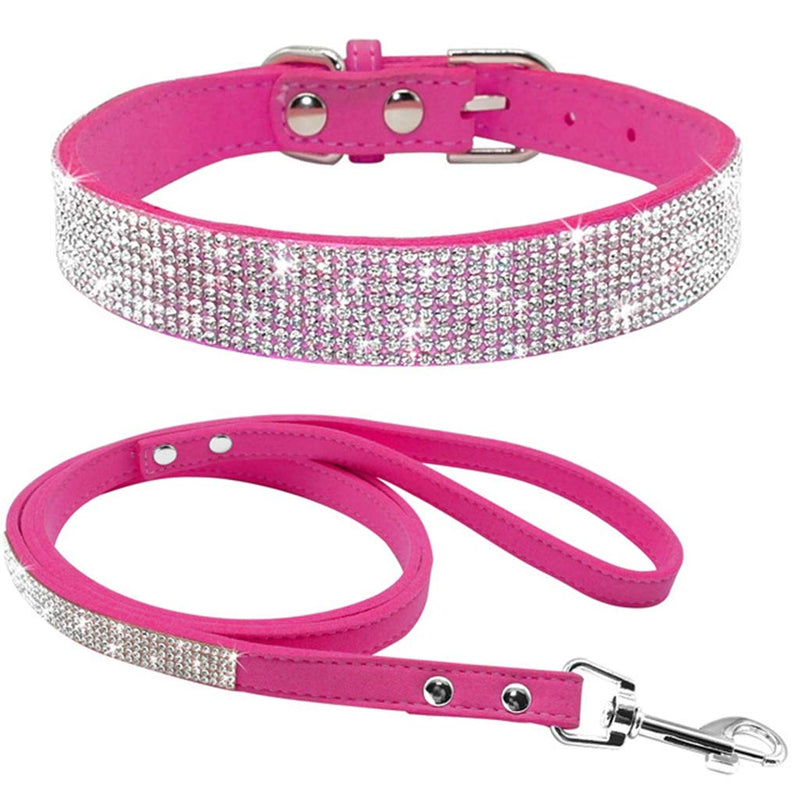 Rhinestone Bling Leather Dog Cat Collar & Leash Set Crystal Diamonds Studded Cute Bowknot Puppy Small Dogs Collar Puppy Leash XS Rose