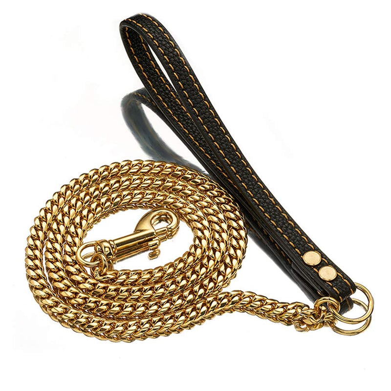 4ft Dog Leash Metal Long 18K Gold Chew Proof Indestructible Cool Best Leash Chain Link for Pet Durable Large with Leather Handle (2.9ft) 3ft - PawsPlanet Australia