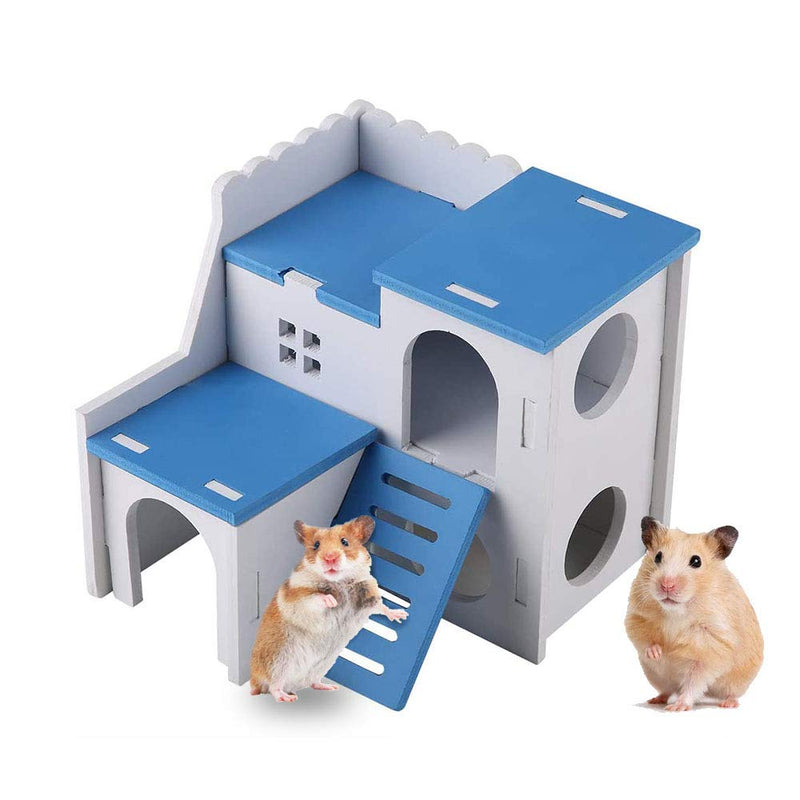 WishLotus Wooden Hamster House, Small Animal Hideout Hamster House with Funny Climbing Ladder Exercise Toys Luxury Two Layers Hut for Dwarf Hamster, Chinchilla, Rat, Gerbil, Mouse (Blue)