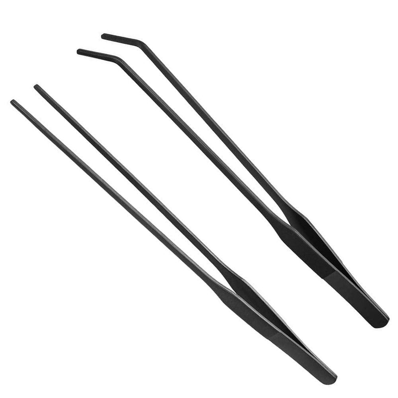 2PCS Aquarium Tweezers Stainless Steel Straight and Curved Tweezers Set Long Handle Reptile Feeding Tongs for Aquatic Plants Lizards Spider Snakes Garden Repairing - 10.6inch, Black - PawsPlanet Australia