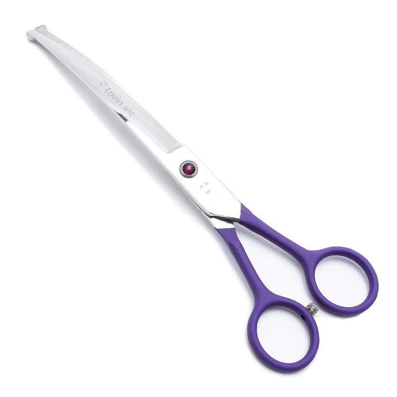 LovinPet Pet Grooming Scissors 7" Curved Right/Left-Handed Pet Round-Tip Grooming 6CR Stainless Steel Safety trimming shears for Dogs and Cats (Easy use Curved Scissor) Purple - PawsPlanet Australia