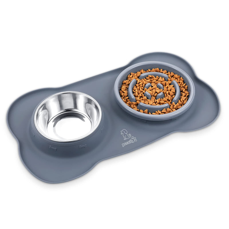 Pecute Slow Feeder Dog Bowls to Slow Down Eating, Dog Bowl Slow Feeder with No-Spill Non-Skid Silicone Mat, Food-Grade Safe Dog Food Bowls Slow Feeder, Stainless Steel Dog Water Bowl for Dogs Cats Medium-1¾ Cup/13.5 oz each Grey - PawsPlanet Australia