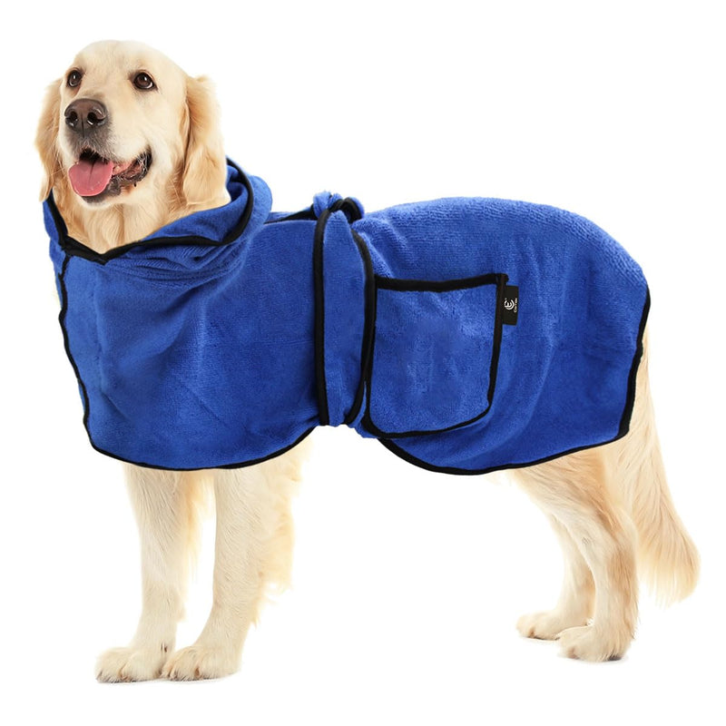Dog Bathrobe Towel with Double Pocket, Wearable Dog Towel Super Absorbent Fast Drying Pet Towel Soft Dog Bath Robe with Hat and Belt for Medium Large Dogs X-Large:Back Length 29"/75cm - PawsPlanet Australia