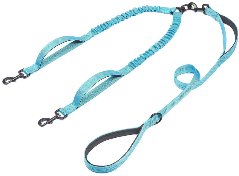 iYoShop Double Dog Leash with Three Extra Traffic Handles, 360 Swivel No Tangle Dual Dog Walking Leash, Comfortable Shock Absorbing Reflective Bungee for Two Dogs(15-120 lbs, Blue) Weight (15~120 lbs.)