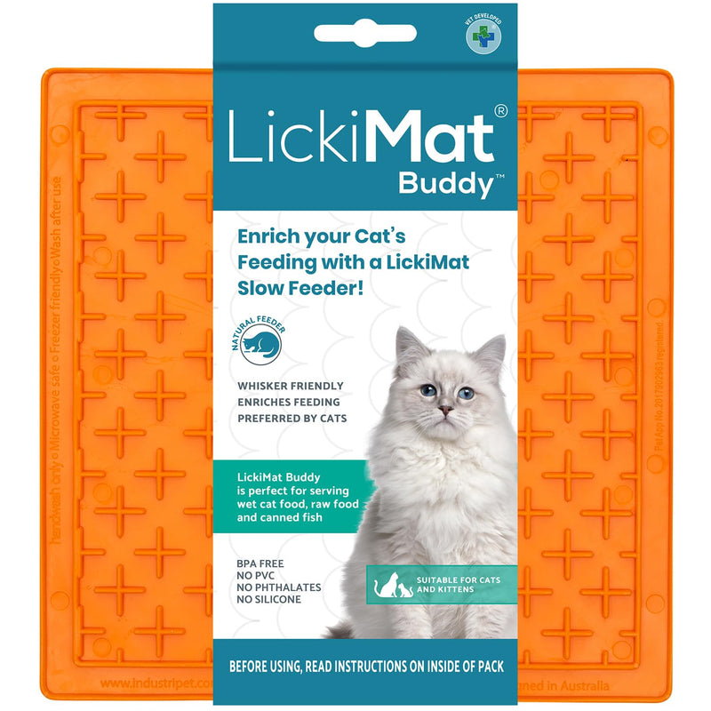 LickiMat Classic Buddy, Cat Slow Feeder Lick Mat, Boredom Anxiety Reducer; Perfect for Food, Treats, Yogurt, or Peanut Butter. Fun Alternative to a Slow Feed Cat Bowl or Dish, Orange - PawsPlanet Australia