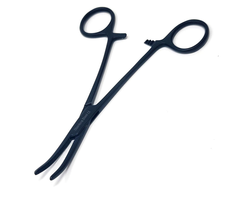 Dog Pet Ear/Nose Hair Puller Grooming Hemostat Locking Forceps Curved Pliers, 5.5" (14cm) Full Serrated Clamps Stainless Steel (All Black) All Black - PawsPlanet Australia