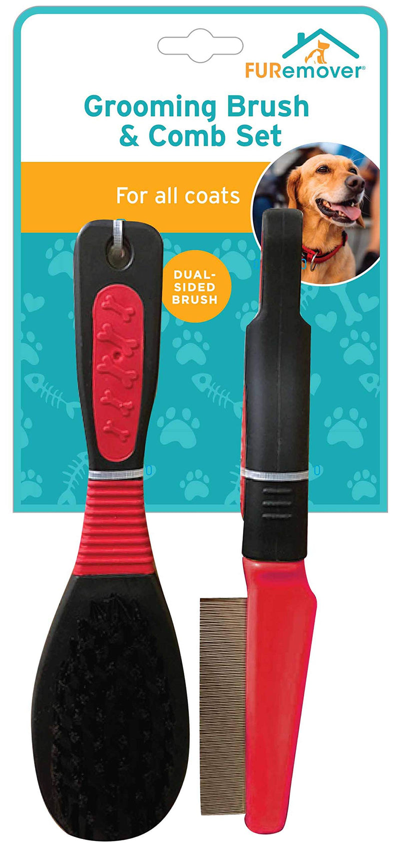 FURemover Grooming Brush & Comb Set, Suitable for All Coats, Includes One Flea Comb and One Dual-Sided Brush with Soft Bristles and Rounded Pins, Black and Red (1208A12-AMZ) - PawsPlanet Australia