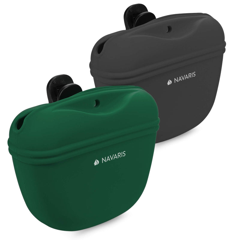 Navaris Silicone Dog Treat Pouch - Training Pet Puppy Bag Pocket Snack Treat Food Holder with Clip for Belt for Dog Walks - Set of 2 Grey & green - PawsPlanet Australia