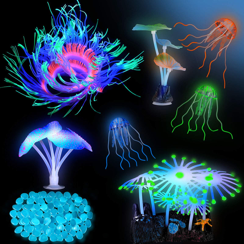 57 Pieces Glowing Fish Tank Decorations Plants with Simulation Glowing Silicone Coral Glowing Jellyfish Lotus Leaf Changeable Green Sea Anemone Luminous Stones for Aquarium Fish Tank Glow Ornament - PawsPlanet Australia