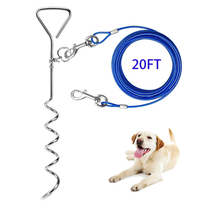 Evilplan Dog Tie Out Cable and Stake, 20ft Outside Dog Leash&Chain for Camping and Yard, 16'' Heavy Duty Anti Rust Spiral Stake for Medium-Large Dogs Up to 125 lbs (20FT, Blue) - PawsPlanet Australia
