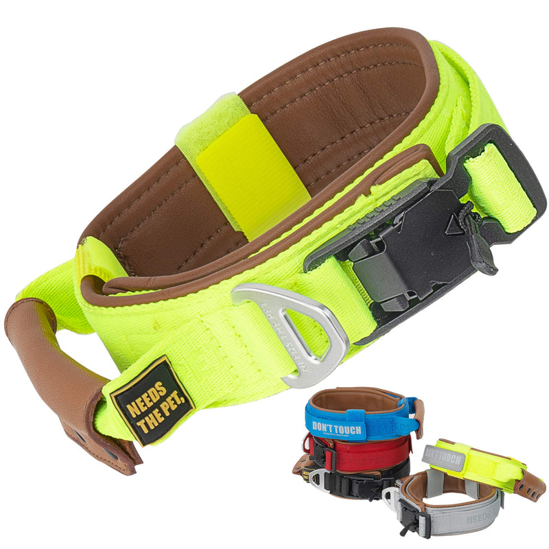 The Comfort Collar, Soft Cowhide Padded Dog Collar for All Breeds, Reflective Patch, Metal Buckle for Big Size Dogs Easy Control Handle (S,M,L) (S, Neon Yellow) S - PawsPlanet Australia