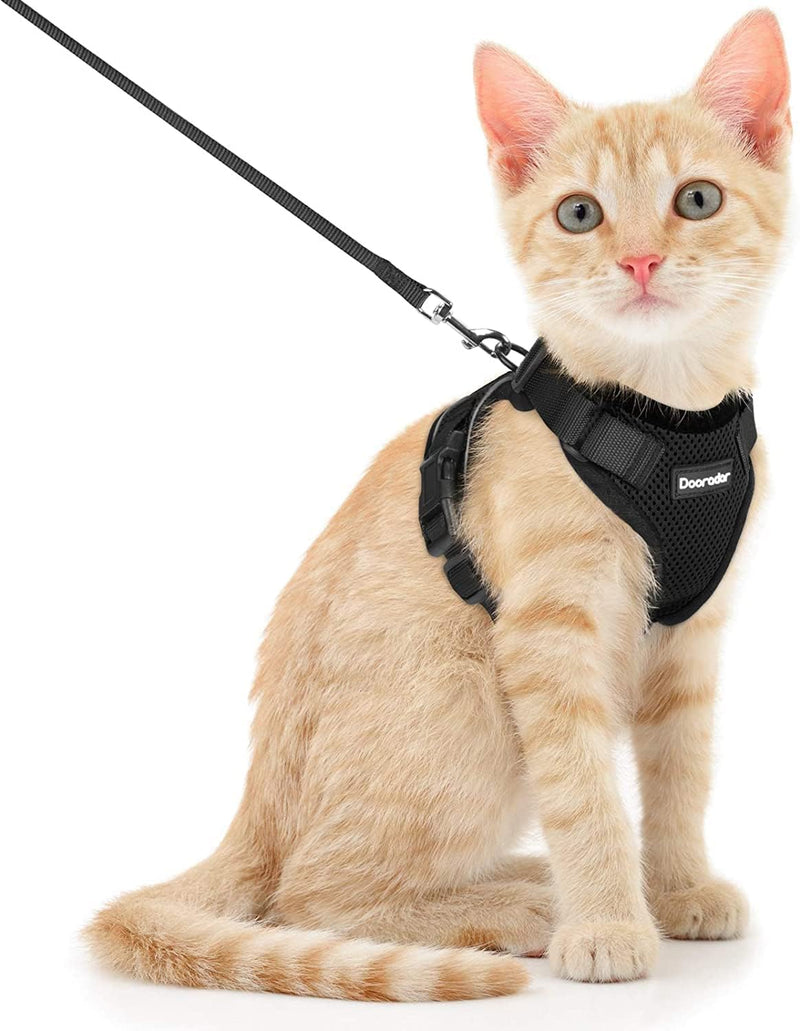 Dooradar Cat Harness and Leash Set, Escape Proof Safe Adjustable Kitten Vest Harnesses for Walking, Easy Control Soft Breathable Mesh Jacket with Reflective Strips for Cats, Black, XS - PawsPlanet Australia
