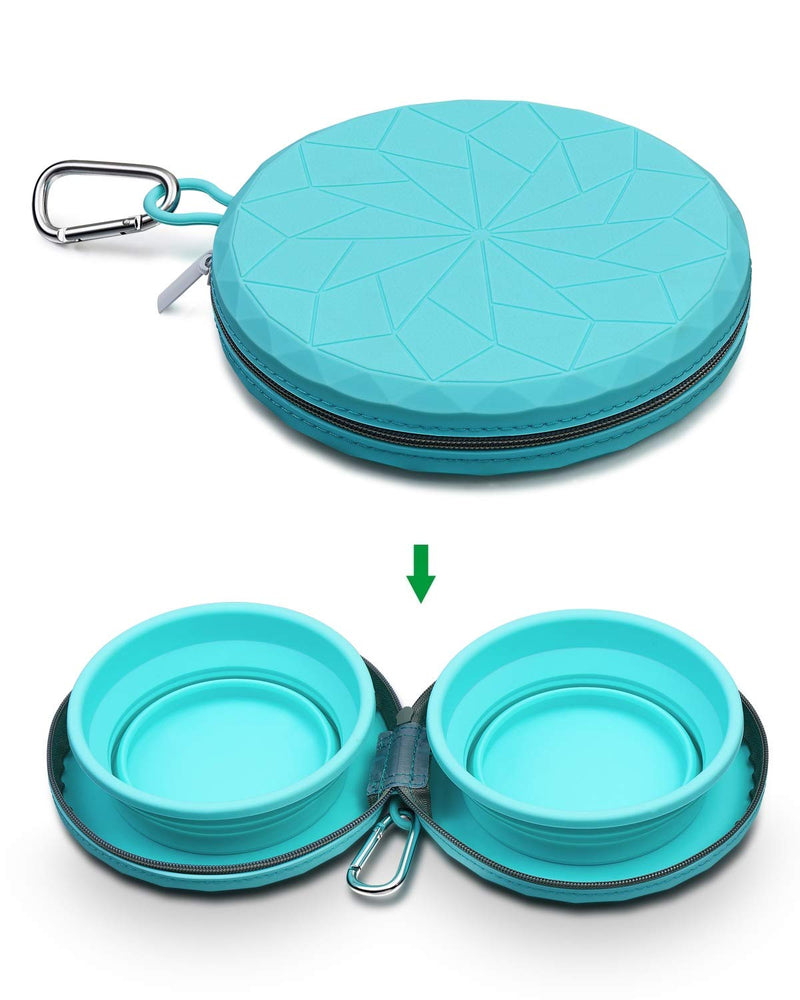 KALLAK Collapsible Silicone Twin Dog Bowls with Zipper Silicone Case, Foldable Travel Dog Bowls, Expandable Cup Dish, No Spill Non-Skid Silicone Pet Food and Water Feeder Bowl with Carabiner Clip - PawsPlanet Australia