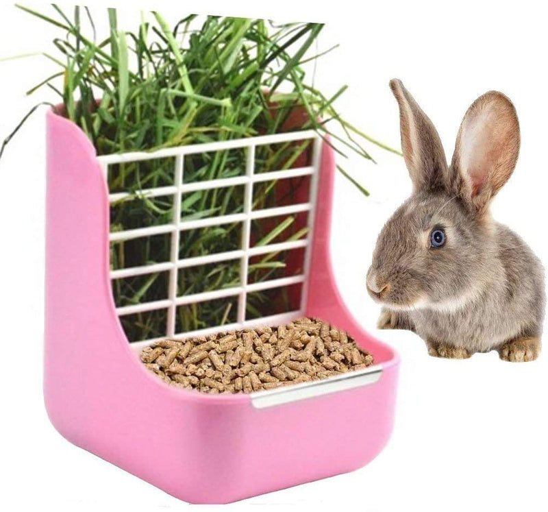 Rabbit Feeder, Hay Food Bin Feeder, Pink (Plastic), Adjustable, Removable Grass Rack, Stainless Steel Edge, for Rabbit, Guinea Pig, Chinchilla - PawsPlanet Australia