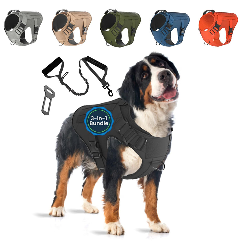 Adjustable Tactical Dog Harness & Leash Set - No-Pull MOLLE Vest with Handle, Front Leash Clip, Hook & Patch - Perfect for Small to Large Dogs (L: Neck 18"-24", Chest 28"-35"), Olive Black L (Neck:18"-24" ; Chest:28"-35") - PawsPlanet Australia