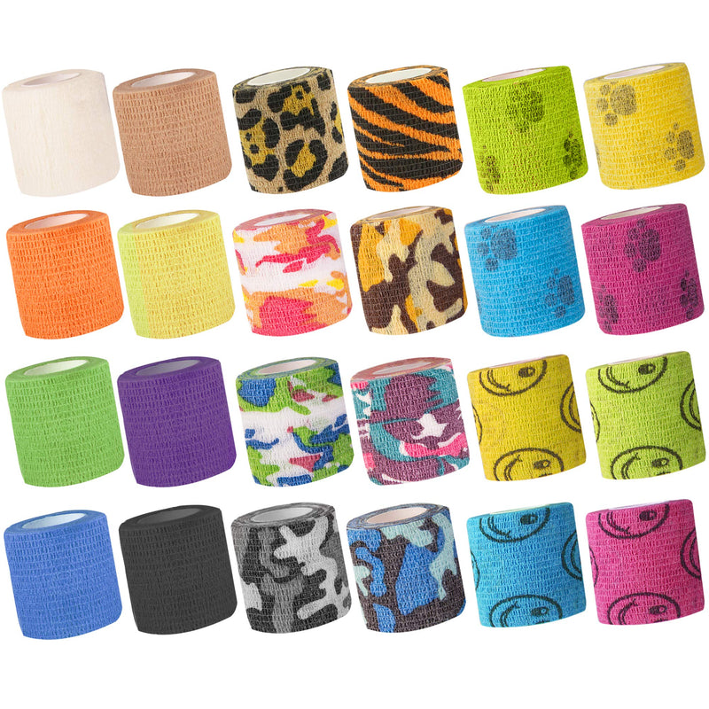 24Pack Self Adhesive Tape Vet Wrap Flex Bandages Leg Wrap Adherent Non-Woven for Dog Cat Horse Pet Animals Ankle Sprains & Swelling 2 Inch 5 Yards (Assorted Patterns) - PawsPlanet Australia
