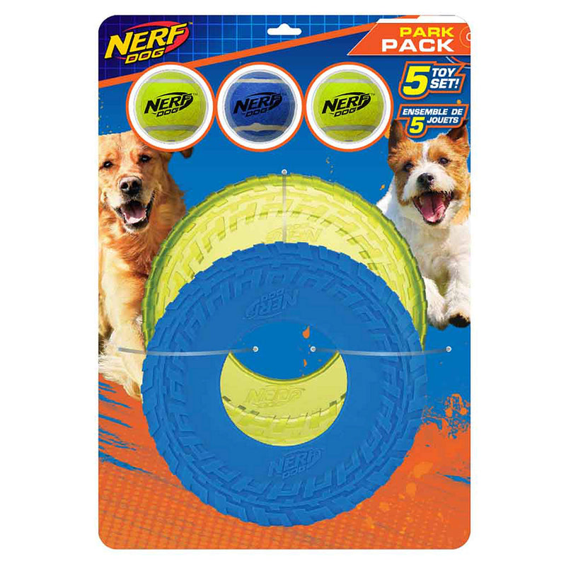 Nerf Dog 5-Piece Dog Toy Gift Set, Includes 2.5in Squeak Tennis Ball 3-Pack, 10in Translucent TPR Tire Flyer, and 10in TPR Tire Flyer, Nerf Tough Material, Green and Blue - PawsPlanet Australia