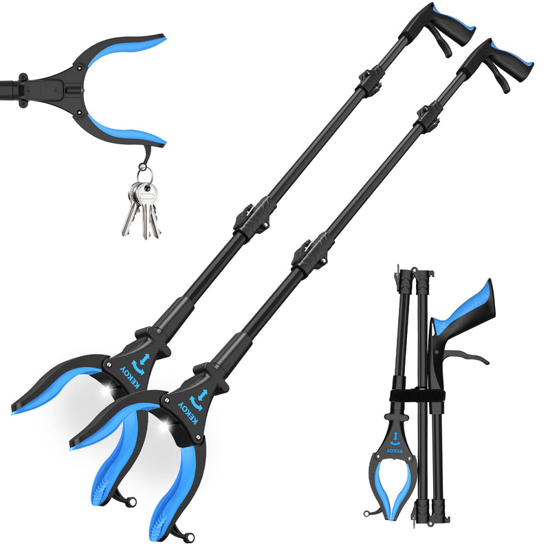 Kekoy 2-Pack Reacher Grabber Tool, 32" Grabbers for Elderly, Trash Picker Grabber with Light, Extended Claw Reacher Tool, Foldable Pick Up Grab Tool, Magnetic Sticks Grippers for Reaching (Blue) Blue 2 Count (Pack of 1)
