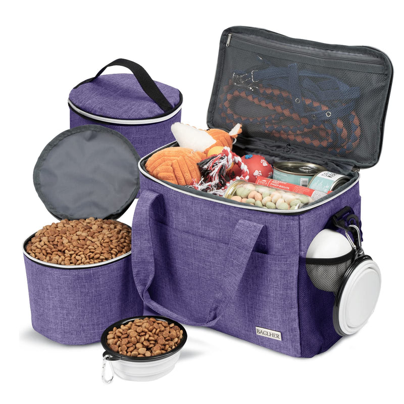 BAGLHER Dog Travel Bag Backpack Pet Supplies Backpack 5-Piece Set with Shoulder Strap 2 Lined Pet Food Containers 4 Foldable Feeding Bowls Essential Kit for Pet Travel Purple Medium - PawsPlanet Australia